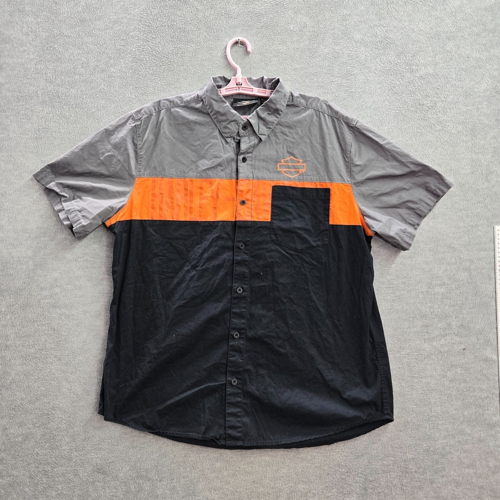 Harley-Davidson Men Button Up Shirt XL Gray Black Orange Colorblock Short Sleeve